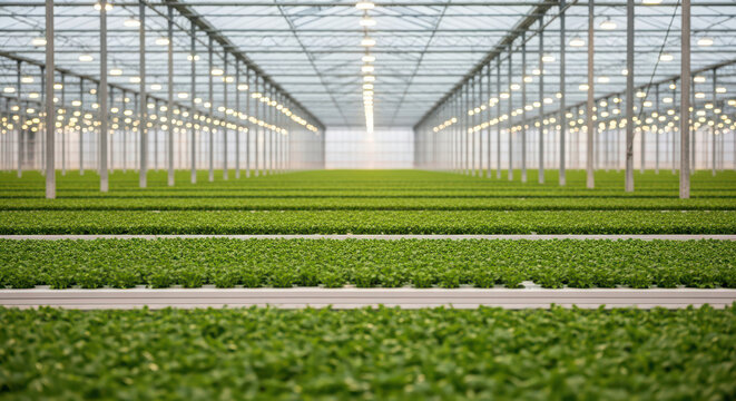 Vast greenhouse rows of lush green plants