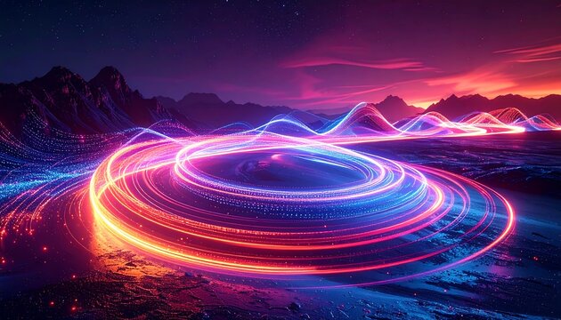 A landscape with neon light trails forming circles and waves, under a colorful starry sky