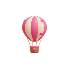 Delightful 3D rendered hot air balloon, showcasing charming pink and white stripes adorned with sweet heart embellishments, perfect for themes of love, romance, and whimsical adventures