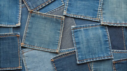 Close-up of various denim fabric patches in different shades of blue, showcasing texture and stitching details.