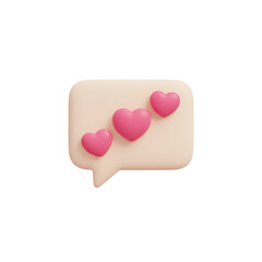 A realistic 3D render of a notification speech bubble icon with three pink hearts inside, representing a love message, romantic chat, or positive social media feedback on an isolated white background