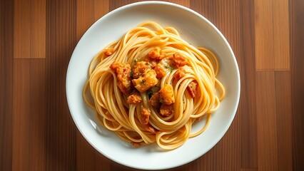 linguine. Linguine pasta with golden ingredients beautifully arranged on a white plate. menu design, packaging mockups, designed for culinary blogs and recipe cards for restaurants, inspires cooking.