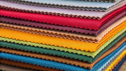 Colorful textile swatches stacked neatly, showcasing various fabrics and textures in a visually appealing arrangement.