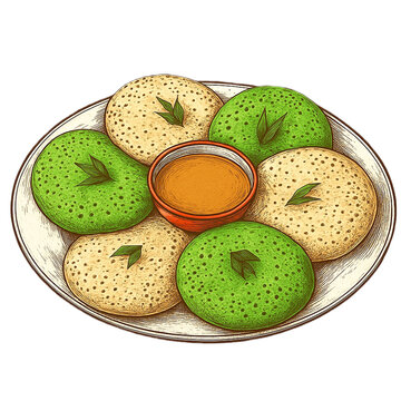 Vintage Realistic Illustration of Indonesian Serabi with Coconut Palm Sugar Sauce