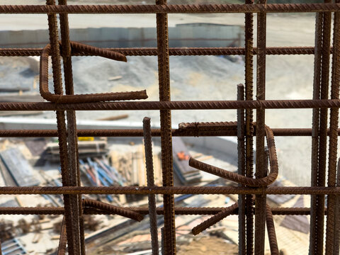 Close-up of rusted construction steel bars at the construction site
