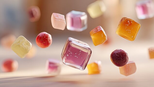 Floating colorful candy cubes and spheres