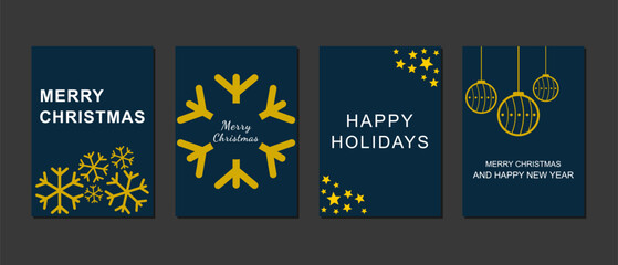 Elegant Art Deco Christmas Card Collection. Navy Blue and Gold Holiday Designs Featuring Snowflakes and Baubles for Modern Greeting Templates, Posters, and Winter Celebration Prints.