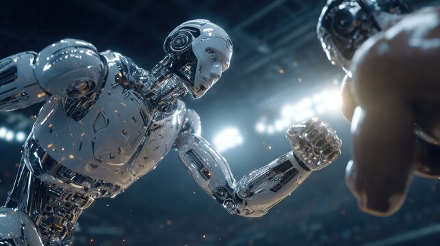Two advanced robots face off in a boxing ring, showcasing their mechanical strength and precision amid bright arena lights and a cheering crowd.