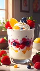 A tall, layered dessert with fruit and whipped cream
