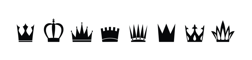 Set of Royal crowns simple black silhouette vector. This versatile vector icon set features a diverse array of crown styles, from classic king and queen emblems to minimalist and modern tiara Crown.