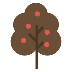 Flat Design Fruit Tree Icon, Simple Brown Plant with Red Berries