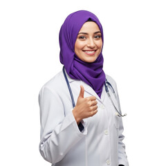 Smiling muslim doctor wearing hijab and lab coat giving thumbs up isolated on transparent background