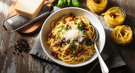 “Classic Spaghetti Carbonara with Cheese and Bacon on Rustic Wooden Table”