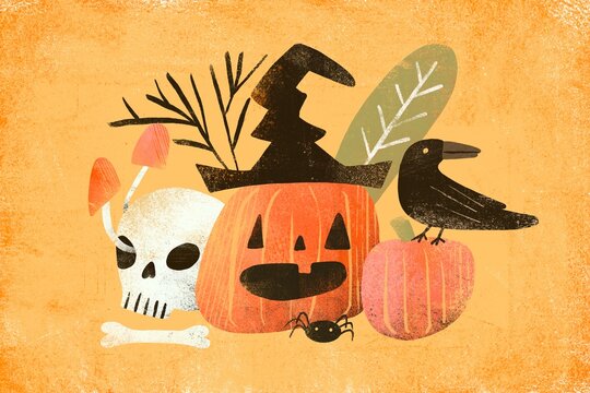 Halloween Pumpkins with Crow, Spider, Skull, and Mushrooms 
