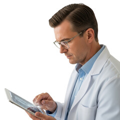 Scientist in lab coat using tablet isolated on transparent background