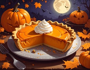 A tasty pumpkin pie served for Halloween on a wooden table