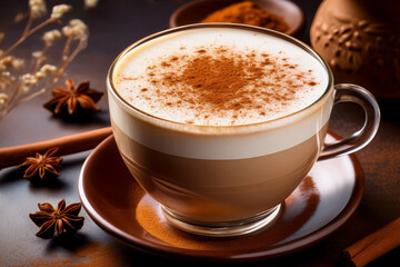 Elegant Chai Tea Latte Photo Featuring Aromatic Spices and Rich Froth, Ideal for Food Blogs and Marketing Campaigns Focused on Mindful Living
