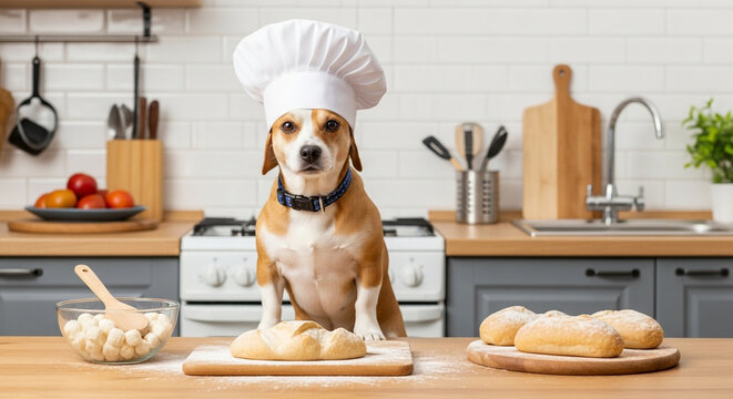 Adorable dog baker wearing chef's hat with freshly baked bread in a bright kitchen, perfect for heartwarming family moments and culinary blog promotions