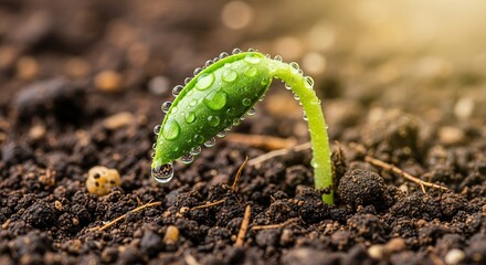 A small green plant seedling with water drops grows in rich soil.