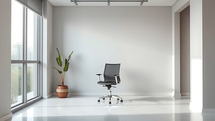 fax. Contemporary minimalist office interior with ergonomic chair and natural light through window. lifestyle magazines, social media lookbooks, designed for influencer and brand collaborations.