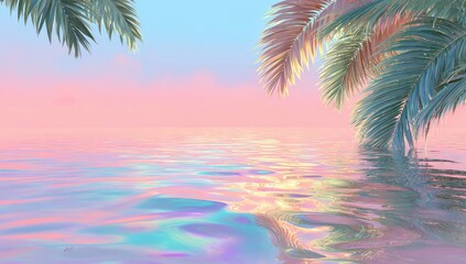 Pastel pink ocean sunset palm leaves