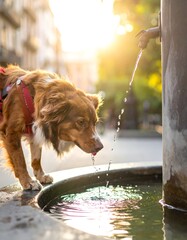 A thirsty dog drinks water from a fountain with sunlight in the background