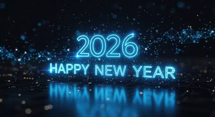 Bright blue neon 2026 happy new year celebration