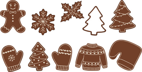Set of Traditional Gingerbread Cookies Including Man, Snowflake, Holly, Tree, Mittens, and Sweater, Ideal for Christmas, Winter Holiday, Baking, and Festive Decoration Vector