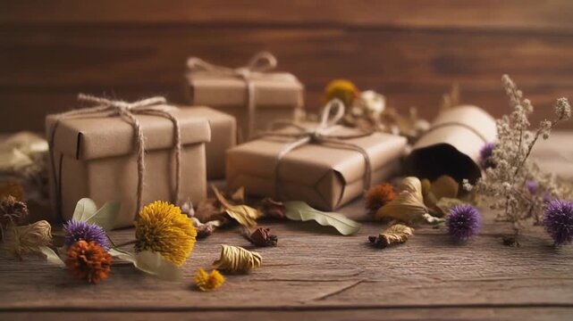 A close-up view of brown paper packages tied with jute string, surrounded by dried flowers a