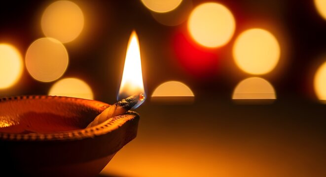 Lit diya lamp with glowing bokeh lights in the background, creating a warm and festive atmosphere.