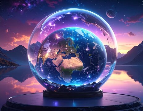 Glowing planet in a glass sphere floating over a tranquil lake