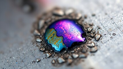 implicit. Macro of brazed metal seam with iridescent blue and purple oxidation. safety posters, maintenance manuals, designed for industrial assembly lines and welding operations, supports safety.