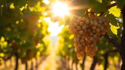 torrontes. Sunlight through vine leaves highlighting ripe Torrontes grapes in an Argentinian vineyard. bar promotions, beverage menus, designed for food & beverage menus and cafe branding.