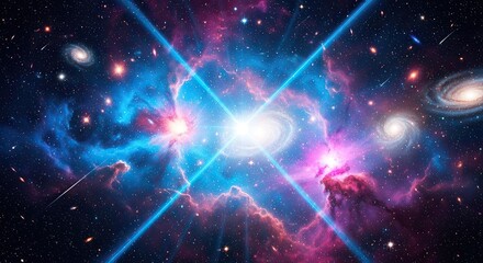 Bright Starburst in a Vibrant Nebula with Distant Galaxies and Cosmic Dust.