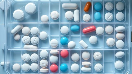 dimer. Pill organizer with tablets in sequence, clinical top view, geometric arrangement. STEM education sheets, lab safety posters, designed for biotech research communications.