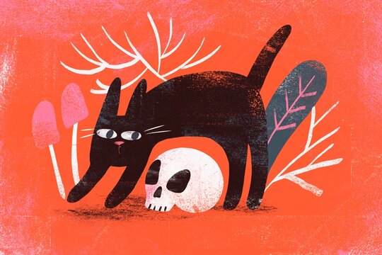 Black Cat with Skull and Mushrooms on Red Background. Halloween 