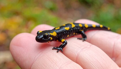 Fototapeta premium A bright, black and yellow salamander rests gently on a human fingertip, soft blurred foliage in the background