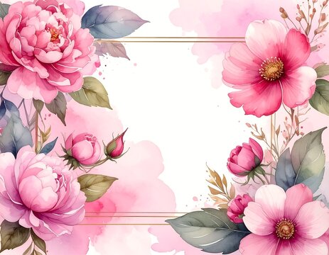 Pink floral watercolor arrangement with a golden frame border