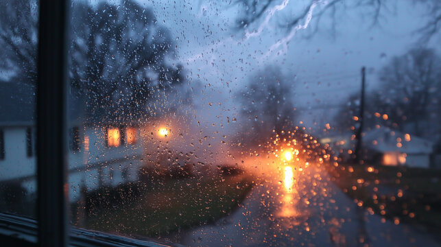 Raindrops are visible on the windowpane; outside, a storm rages, and lightning flashes in the distance. Winter is coming - Powered by Adobe