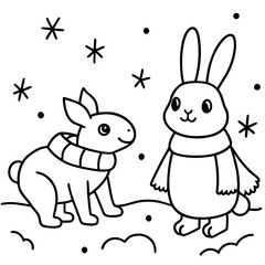 Two adorable rabbits with scarves stand in a snowy winter wonderland