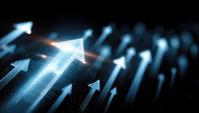 Glowing digital arrows rising upward trend