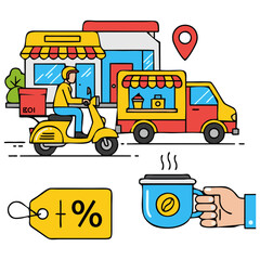 Fototapeta premium Illustration of food delivery, coffee, and a discount tag.