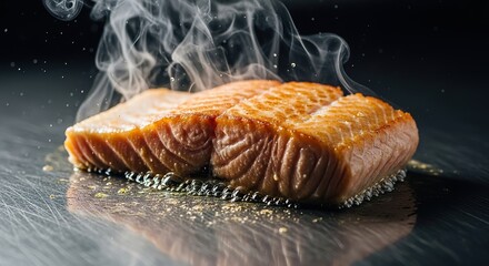 Delicious Grilled Salmon Fillet with Steam and Texture on Metal Surface.