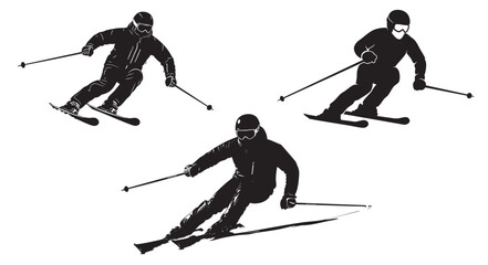 Dynamic skiers carving down mountain slopes, a silhouette of winter sport action, perfect for adventure and recreational graphics, a cool action illustration