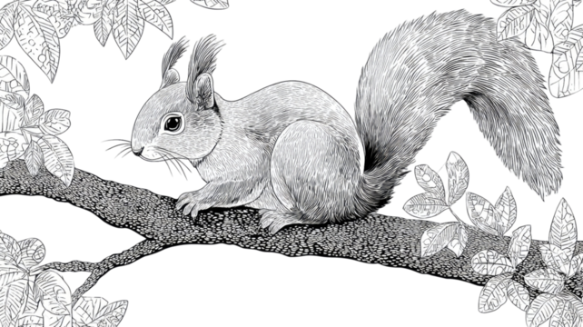 Squirrel climbing on a tree trunk with detailed fur and alert pose isolated on white background