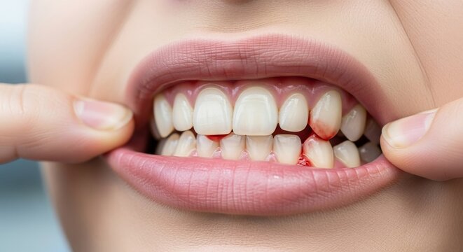Bleeding Gum Close-Up, Realistic Dental Health Concept and Oral Hygiene Awareness
