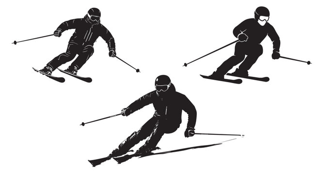 Dynamic skiers carving down mountain slopes, a silhouette of winter sport action, perfect for adventure and recreational graphics, a cool action illustration
