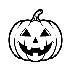 A black and white vector illustration depicts a smiling Jack-o'-lantern pumpkin, perfect for Halloween-themed designs, invitations, and spooky season promotions.
