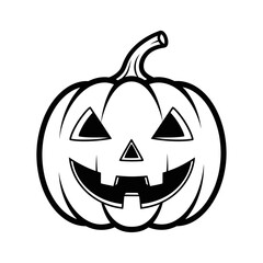 A simple black and white outline illustration of a classic carved Halloween pumpkin, featuring a spooky smiling jack-o'-lantern face.