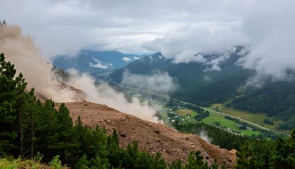 Mountain Landslide with Dust Cloud Overlooking Green Valley, Village, and Road Under Cloudy Skies
